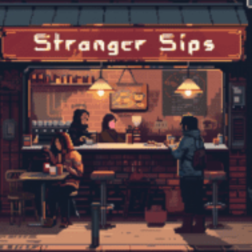 Stranger Sips neon coffee shop storefront glowing warmly at night